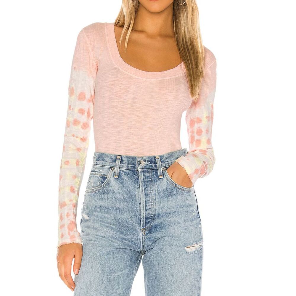 Free People Big Sur Tee Pink Tie Dye Thermal Knit Scoop Neck Top Small